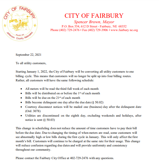 09-24-21 CITY OF FAIRBURY MOVES TO MONTHLY BILLING NOTICE IMAGE
