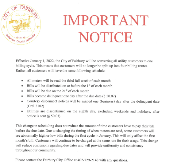 09-24-21 CITY OF FAIRBURY MOVES TO MONTHLY BILLING NOTICE IMAGE - REVISED